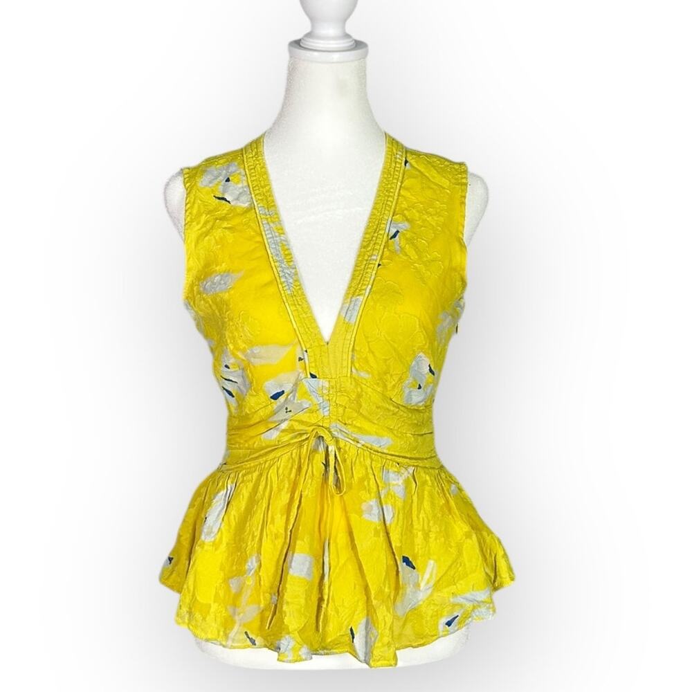 Tanya Taylor Blouse Top Women's 0 Yellow Silk Peplum Sleeveless V-Neck Zipper